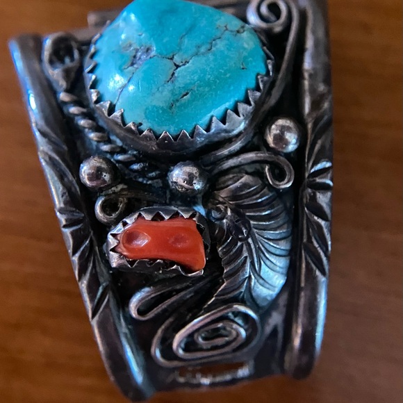 Vintage Navajo Sterling Silver, Turquoise, Coral Watch Tips - Picture 5 of 8